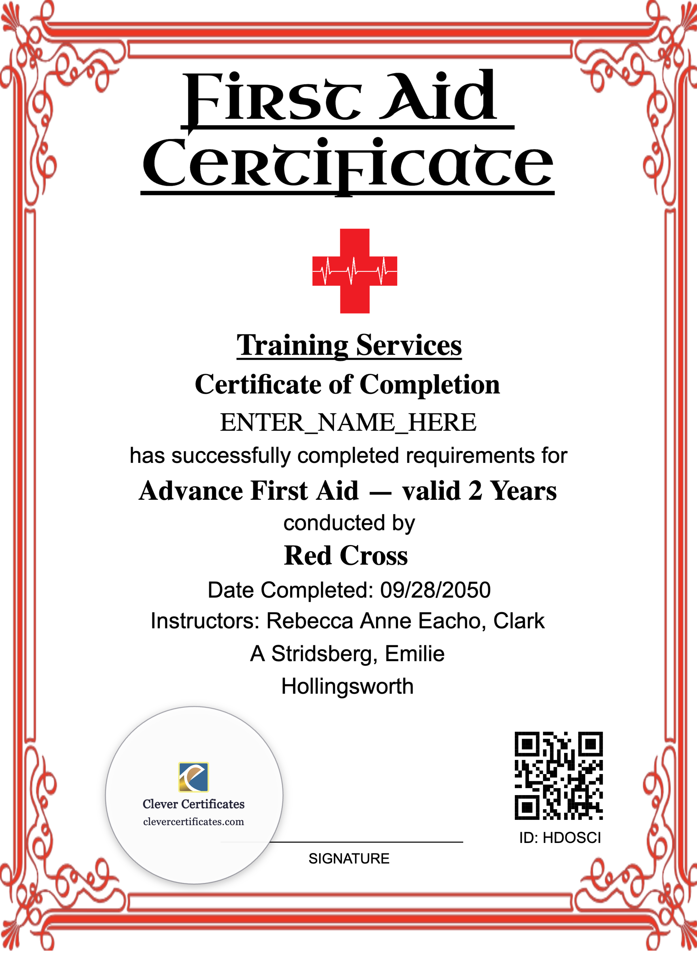 Advanced First Aid Certificate Portrait — Certificate Template Preview