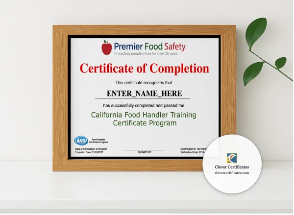 Realistic mockup featuring Food Handler Certificate Landscape displayed within a modern frame, set against a minimalistic background.