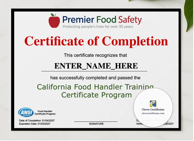 Food Handler Certificate Landscape presented in a sleek wooden frame, elegantly arranged on a stylish table.