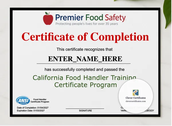 Food Handler Certificate Landscape presented in a sleek wooden frame, elegantly arranged on a stylish table.