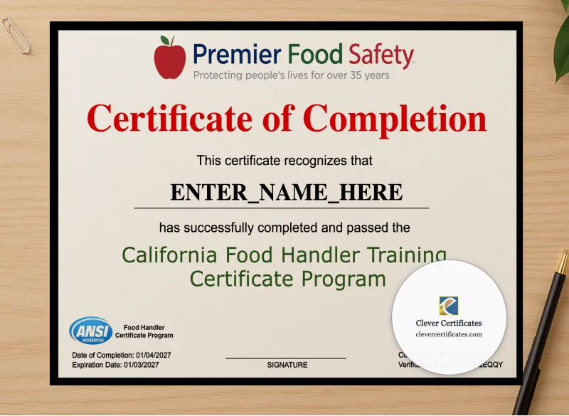 Professional preview of Food Handler Certificate Landscape certificate on high-quality stationery paper, ideal for showcasing the final look.