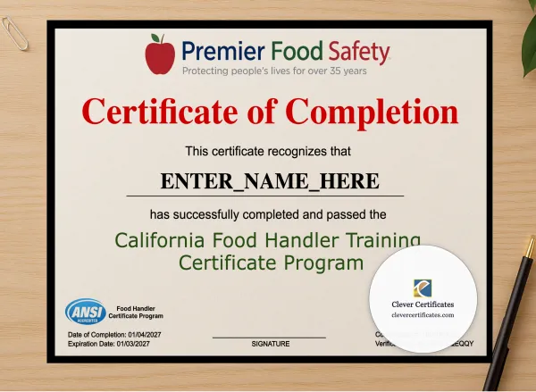 Professional preview of Food Handler Certificate Landscape certificate on high-quality stationery paper, ideal for showcasing the final look.