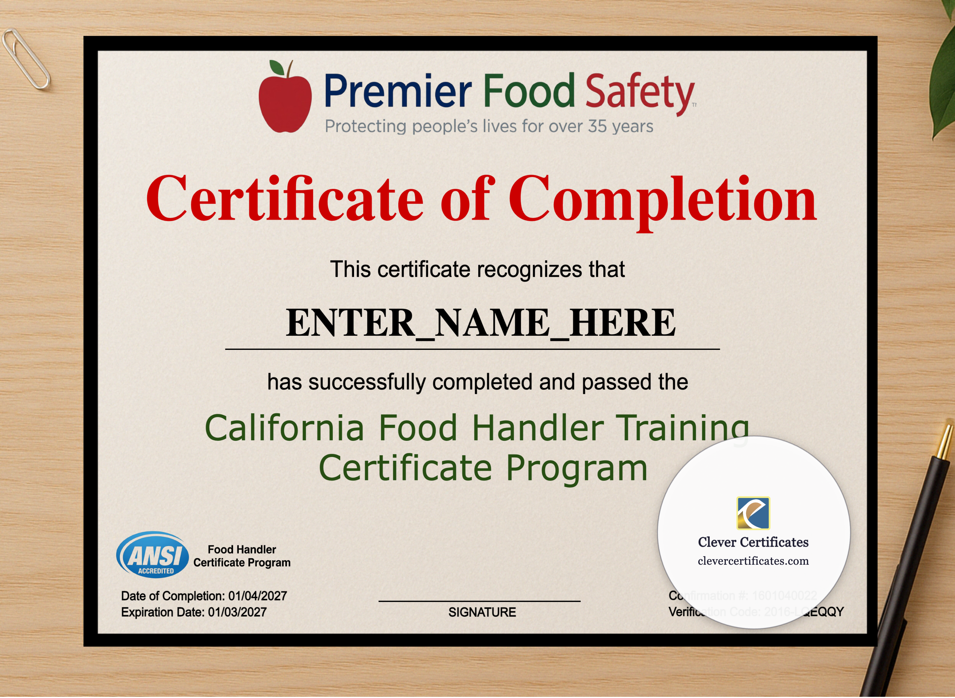 Professional preview of Food Handler Certificate Landscape certificate on high-quality stationery paper, ideal for showcasing the final look.