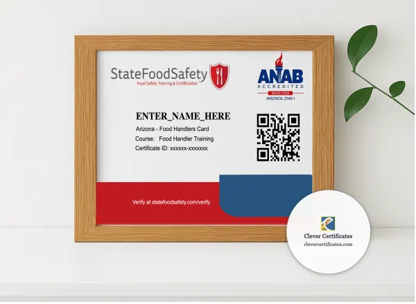 Realistic mockup featuring Food Handler Card displayed within a modern frame, set against a minimalistic background.