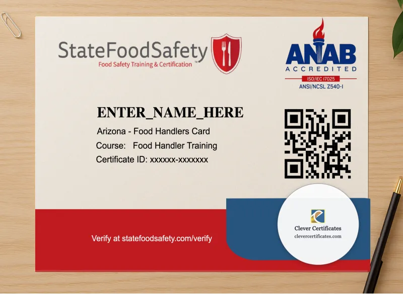 Professional preview of Food Handler Card certificate on high-quality stationery paper, ideal for showcasing the final look.