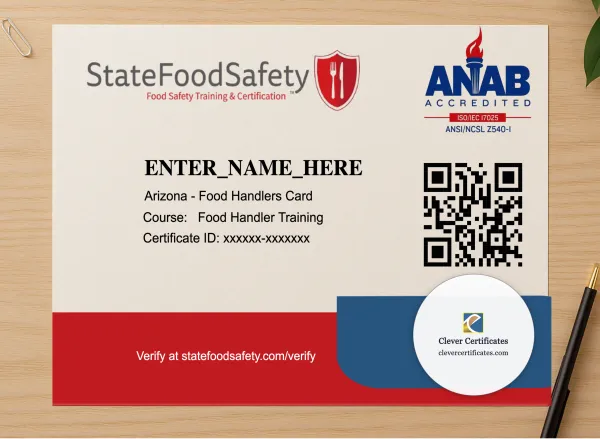 Professional preview of Food Handler Card certificate on high-quality stationery paper, ideal for showcasing the final look.