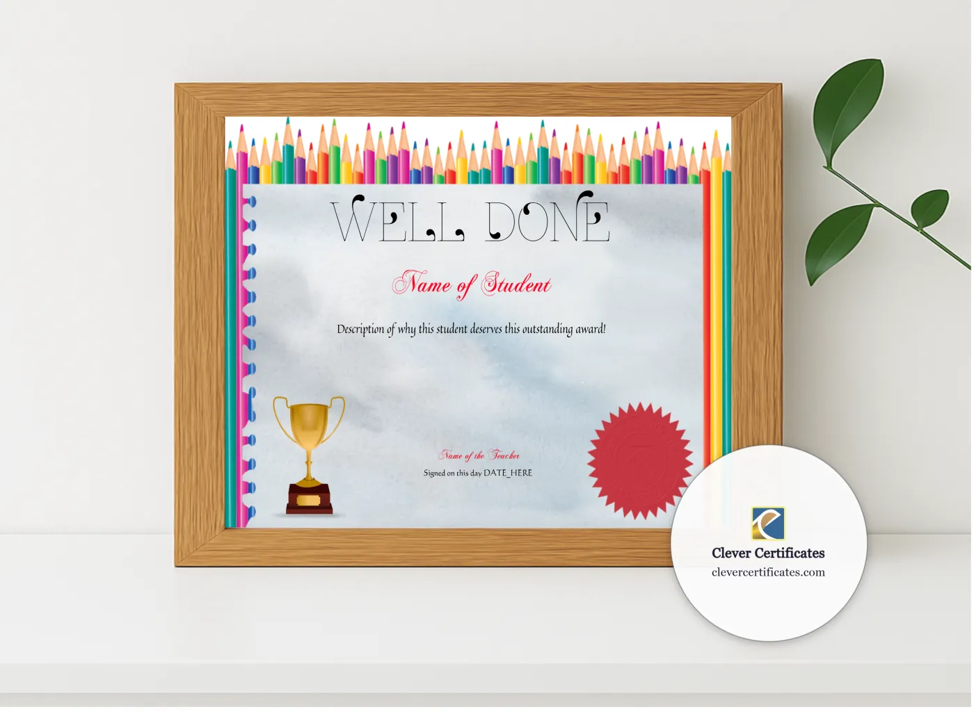 Realistic mockup featuring Well Done Award displayed within a modern frame, set against a minimalistic background.