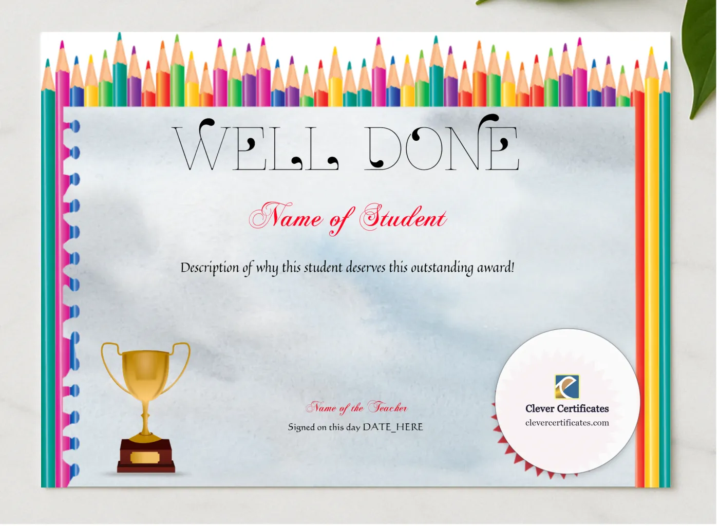 Well Done Award presented in a sleek wooden frame, elegantly arranged on a stylish table.