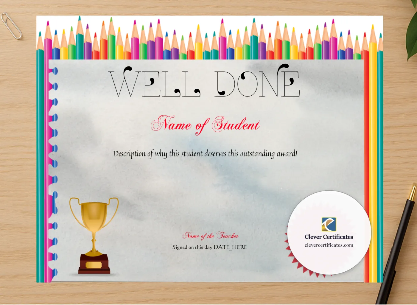Professional preview of Well Done Award certificate on high-quality stationery paper, ideal for showcasing the final look.