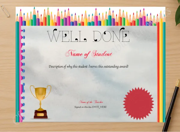 Professional preview of Well Done Award certificate on high-quality stationery paper, ideal for showcasing the final look.