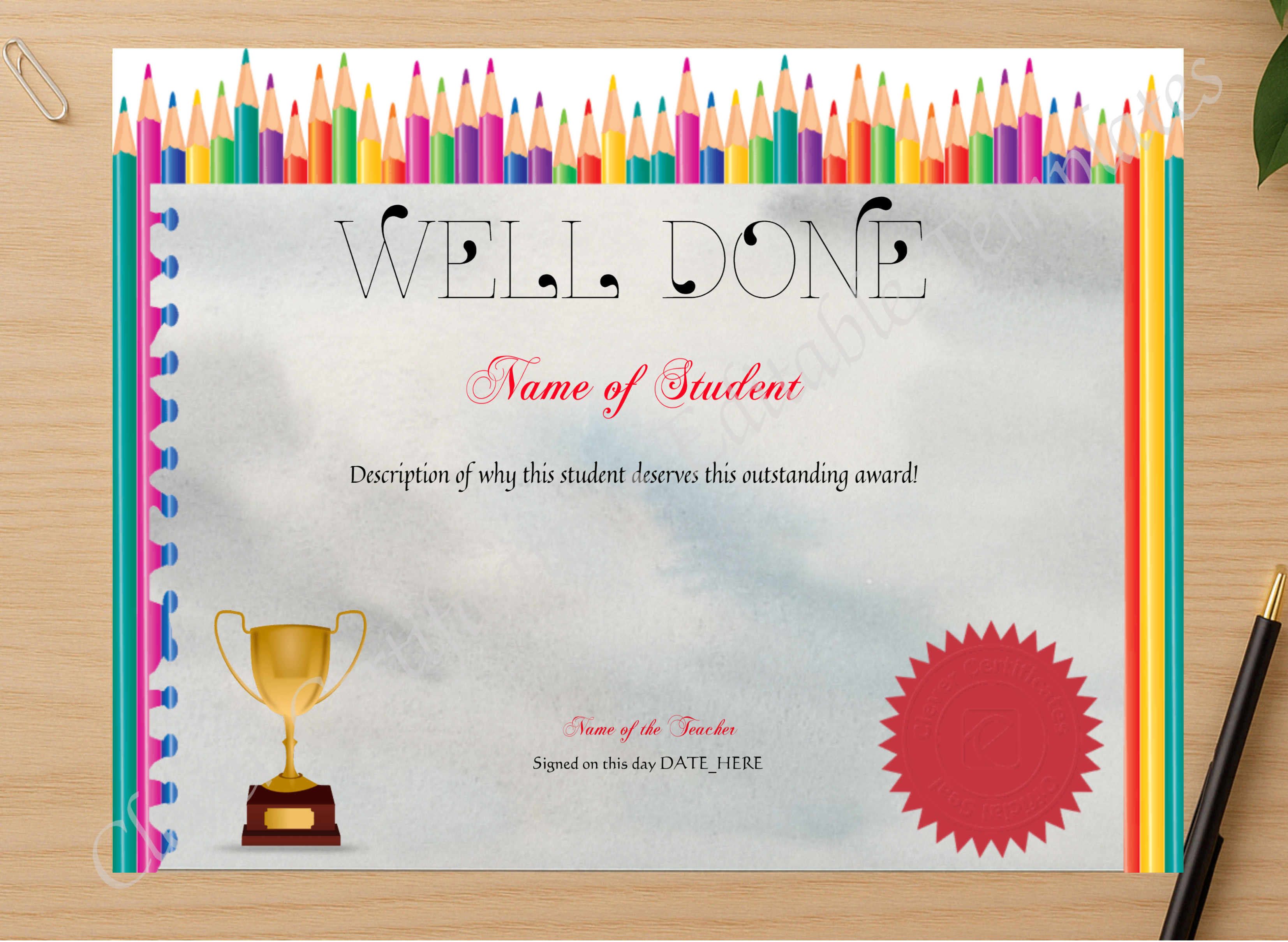 Professional preview of Well Done Award certificate on high-quality stationery paper, ideal for showcasing the final look.