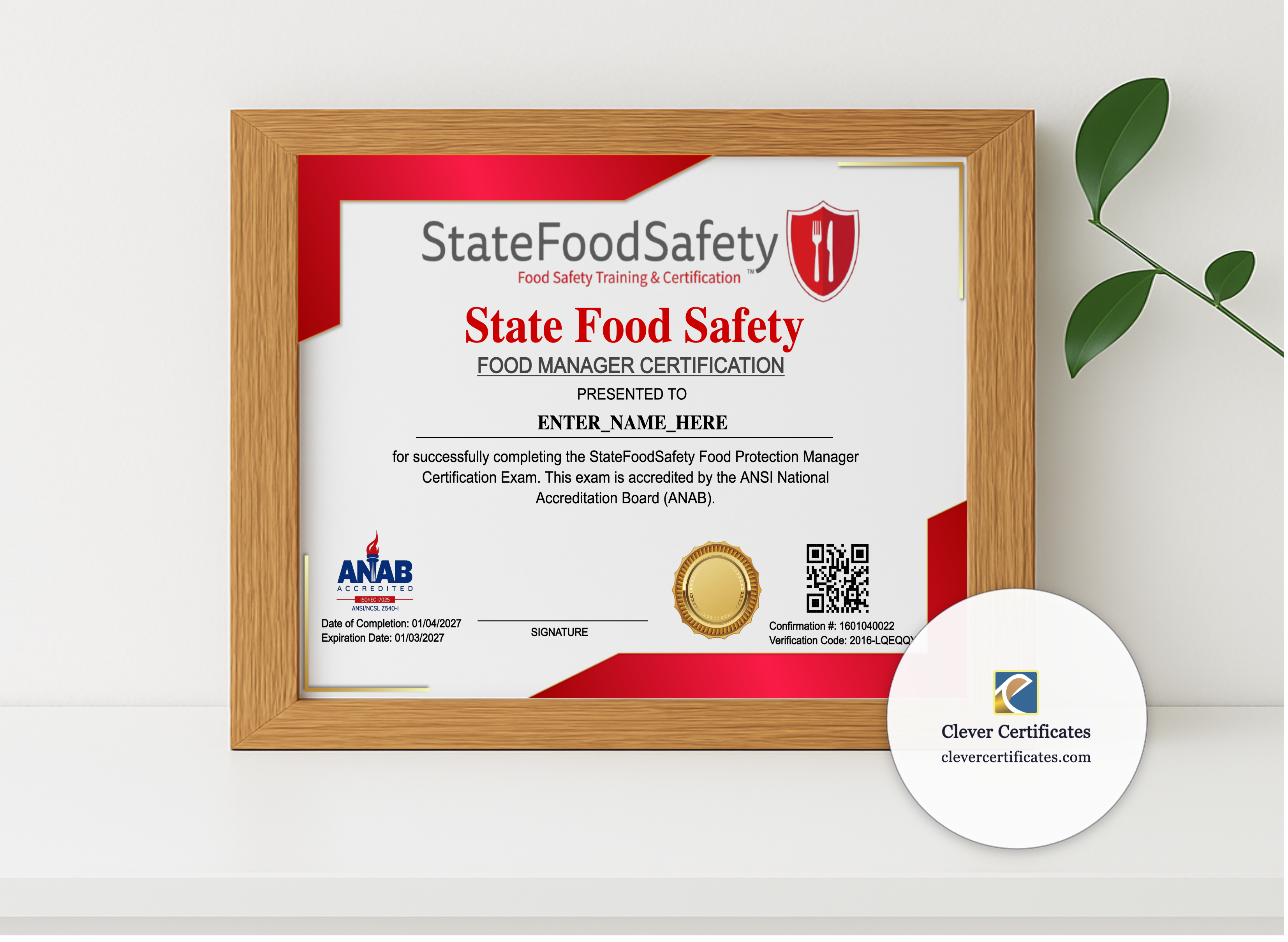 Realistic mockup featuring Food Manager Certificate Landscape displayed within a modern frame, set against a minimalistic background.