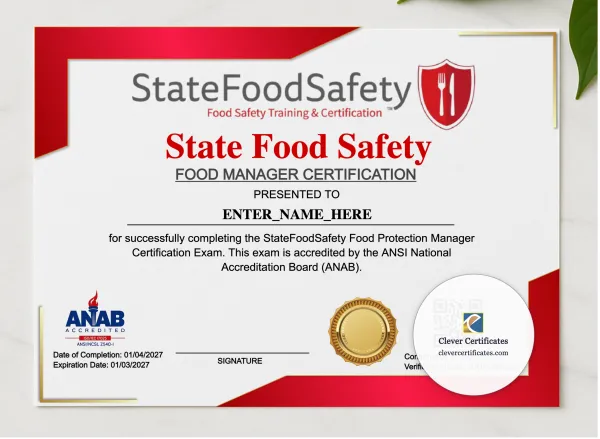 Food Manager Certificate Landscape presented in a sleek wooden frame, elegantly arranged on a stylish table.