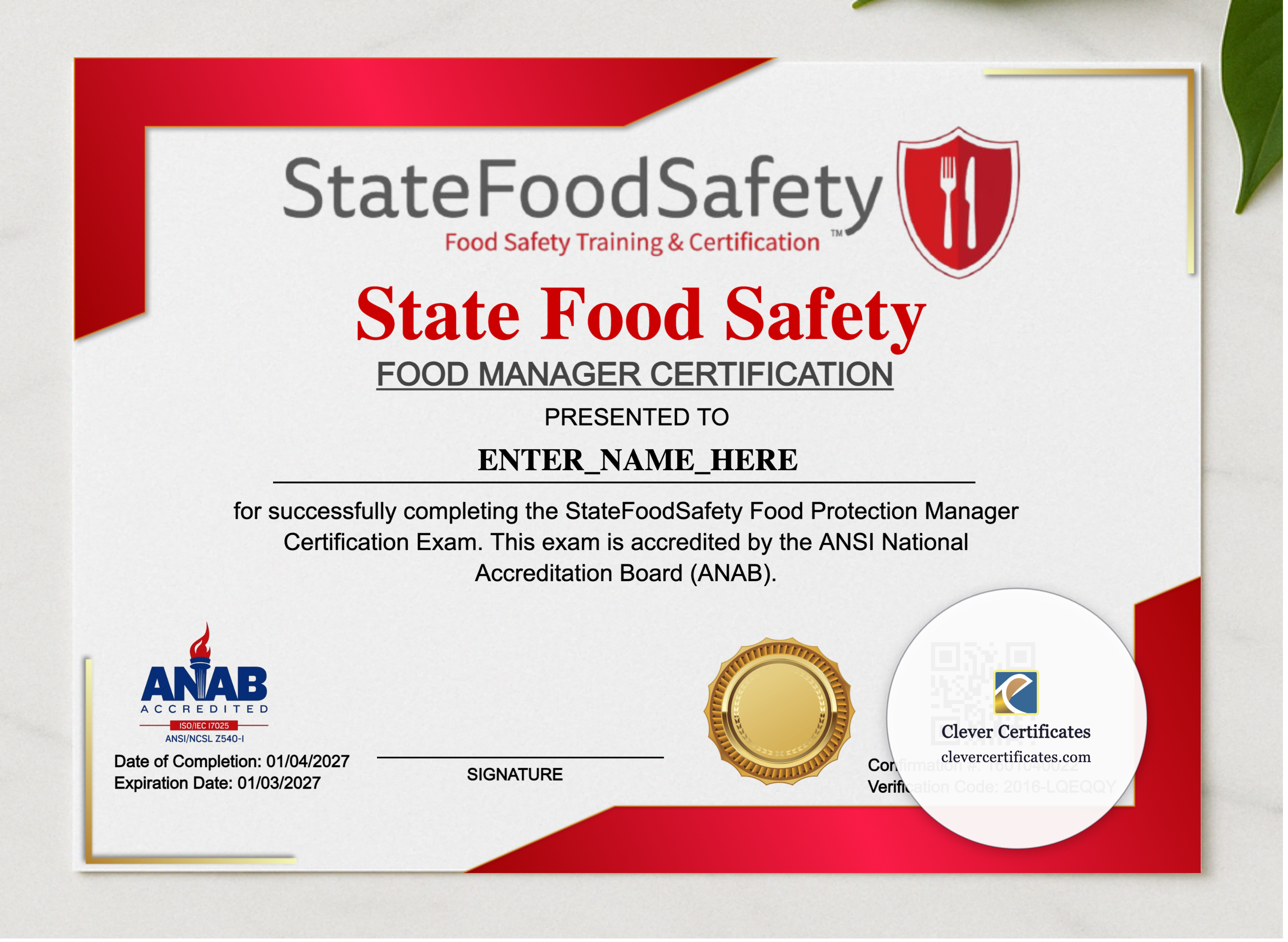 Food Manager Certificate Landscape presented in a sleek wooden frame, elegantly arranged on a stylish table.