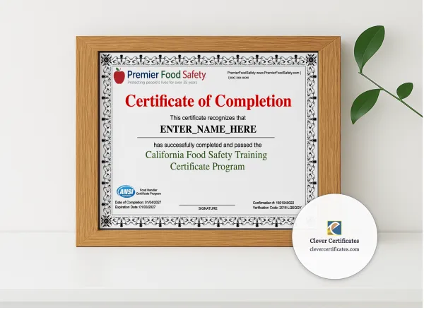 Realistic mockup featuring Food Safety Certificate Landscape displayed within a modern frame, set against a minimalistic background.