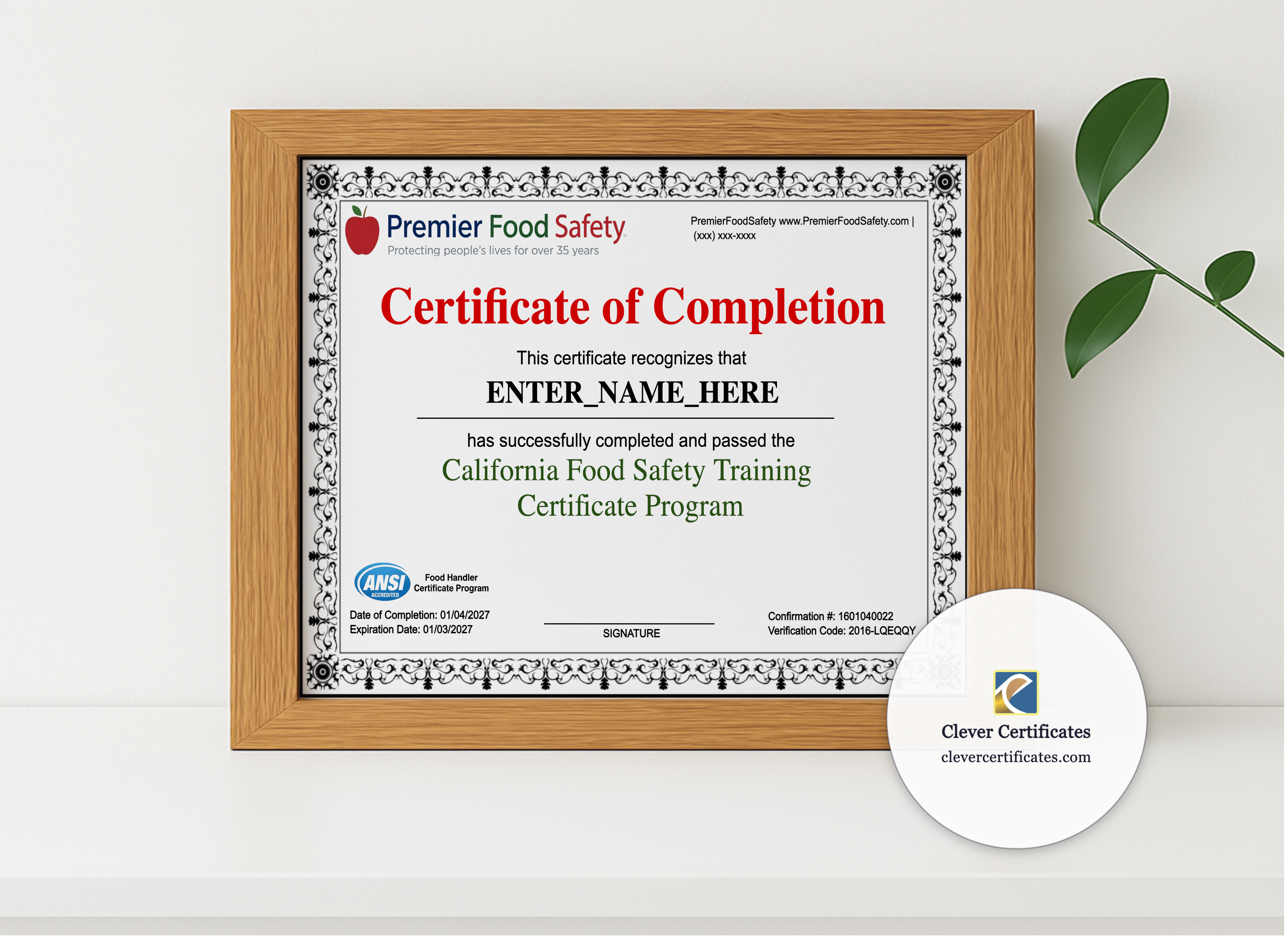 Realistic mockup featuring Food Safety Certificate Landscape displayed within a modern frame, set against a minimalistic background.