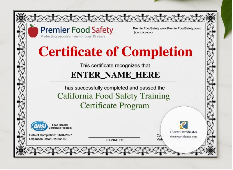 Food Safety Certificate Landscape presented in a sleek wooden frame, elegantly arranged on a stylish table.