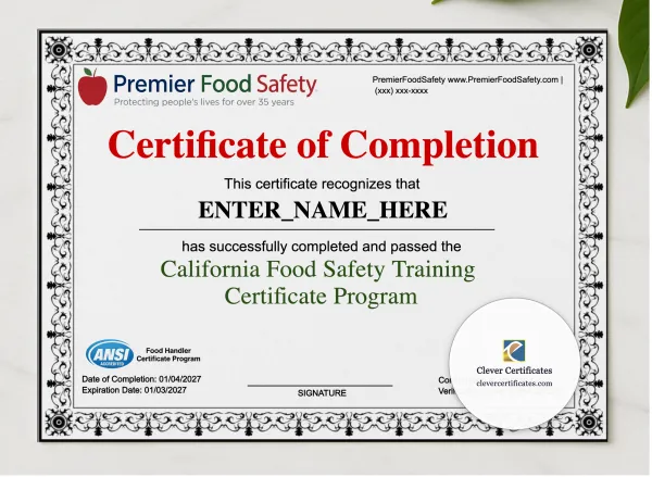 Food Safety Certificate Landscape presented in a sleek wooden frame, elegantly arranged on a stylish table.