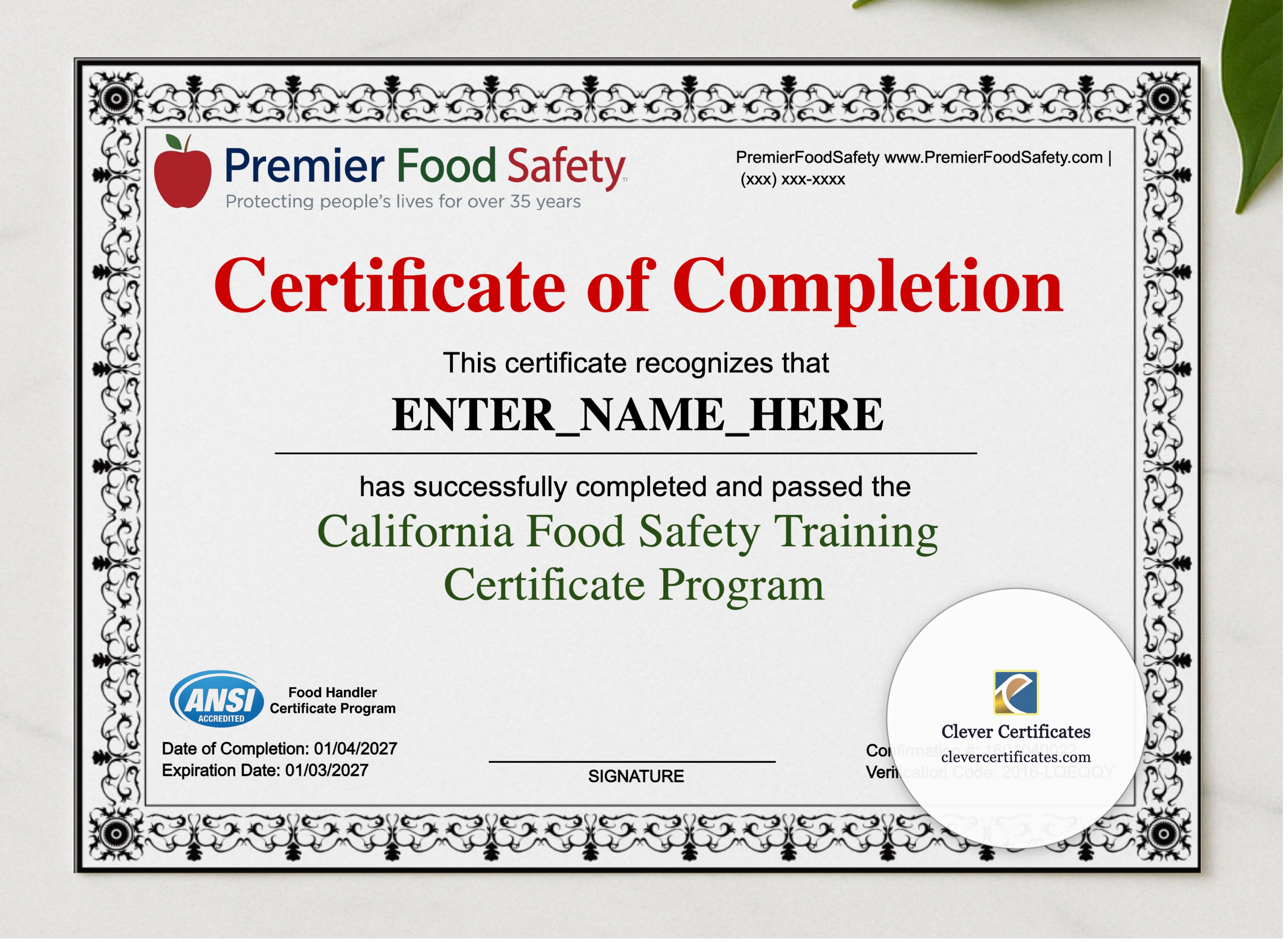 Food Safety Certificate Landscape presented in a sleek wooden frame, elegantly arranged on a stylish table.