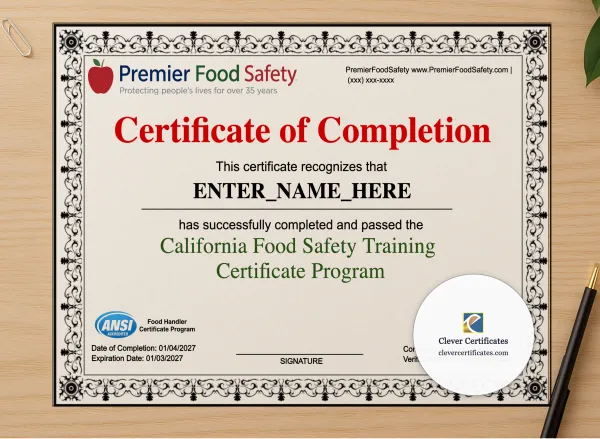 Professional preview of Food Safety Certificate Landscape certificate on high-quality stationery paper, ideal for showcasing the final look.