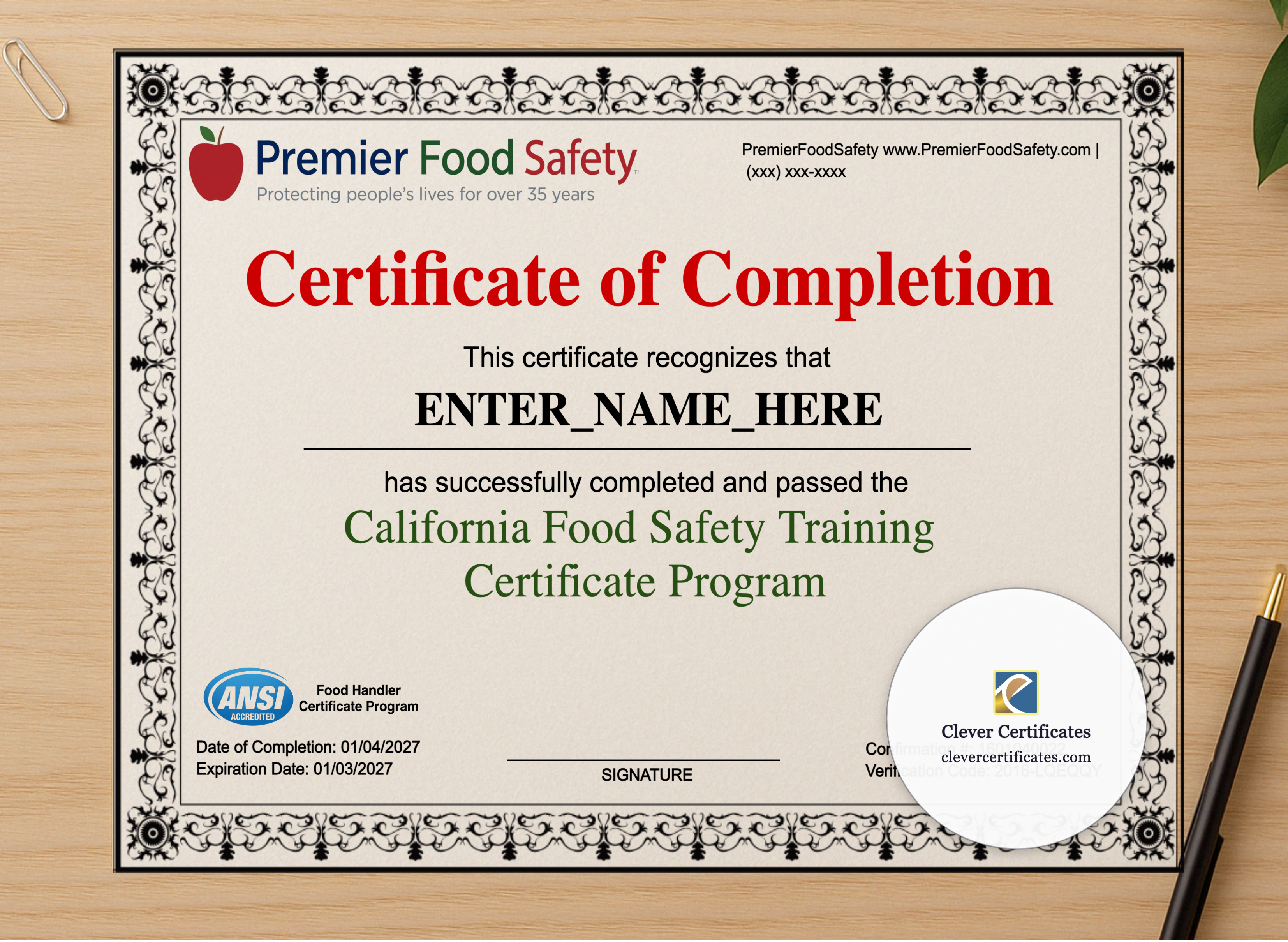 Professional preview of Food Safety Certificate Landscape certificate on high-quality stationery paper, ideal for showcasing the final look.