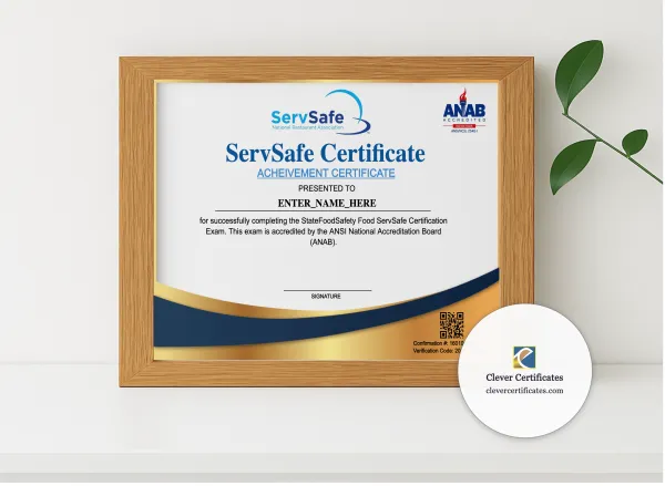 Realistic mockup featuring ServSafe Style Food Safety Certificate Landscape displayed within a modern frame, set against a minimalistic background.