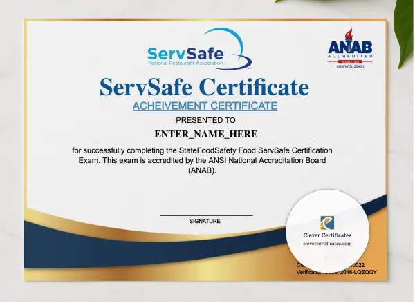 ServSafe Style Food Safety Certificate Landscape presented in a sleek wooden frame, elegantly arranged on a stylish table.