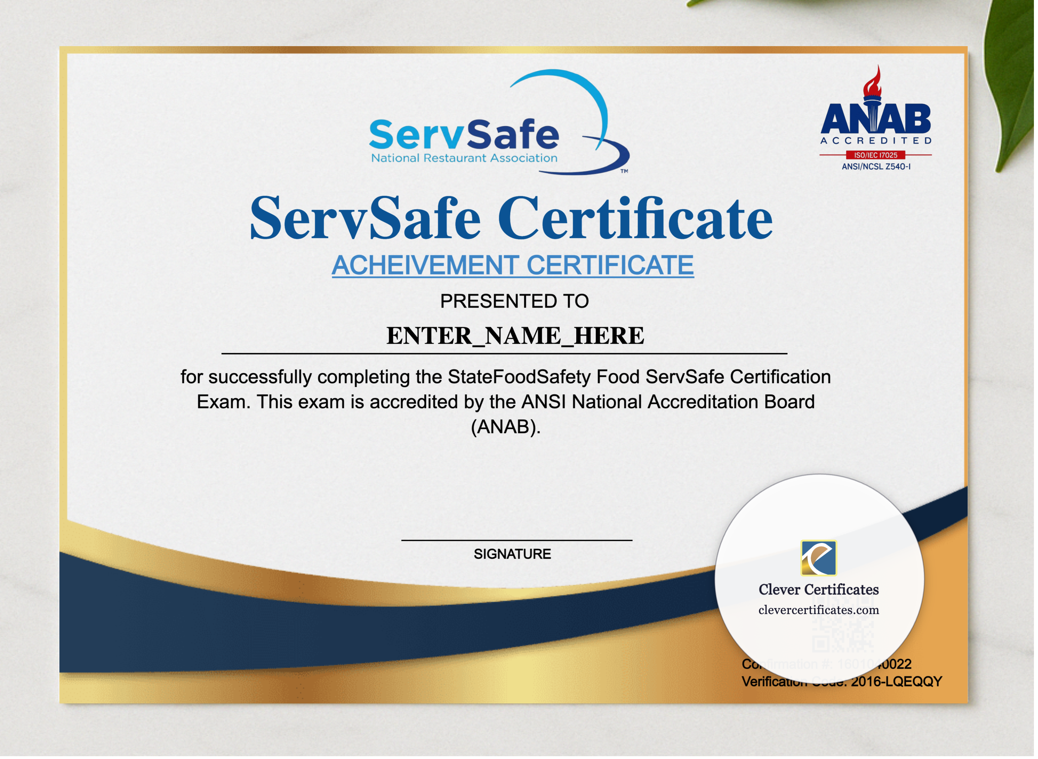 ServSafe Style Food Safety Certificate Landscape presented in a sleek wooden frame, elegantly arranged on a stylish table.