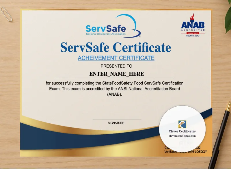 Professional preview of ServSafe Style Food Safety Certificate Landscape certificate on high-quality stationery paper, ideal for showcasing the final look.