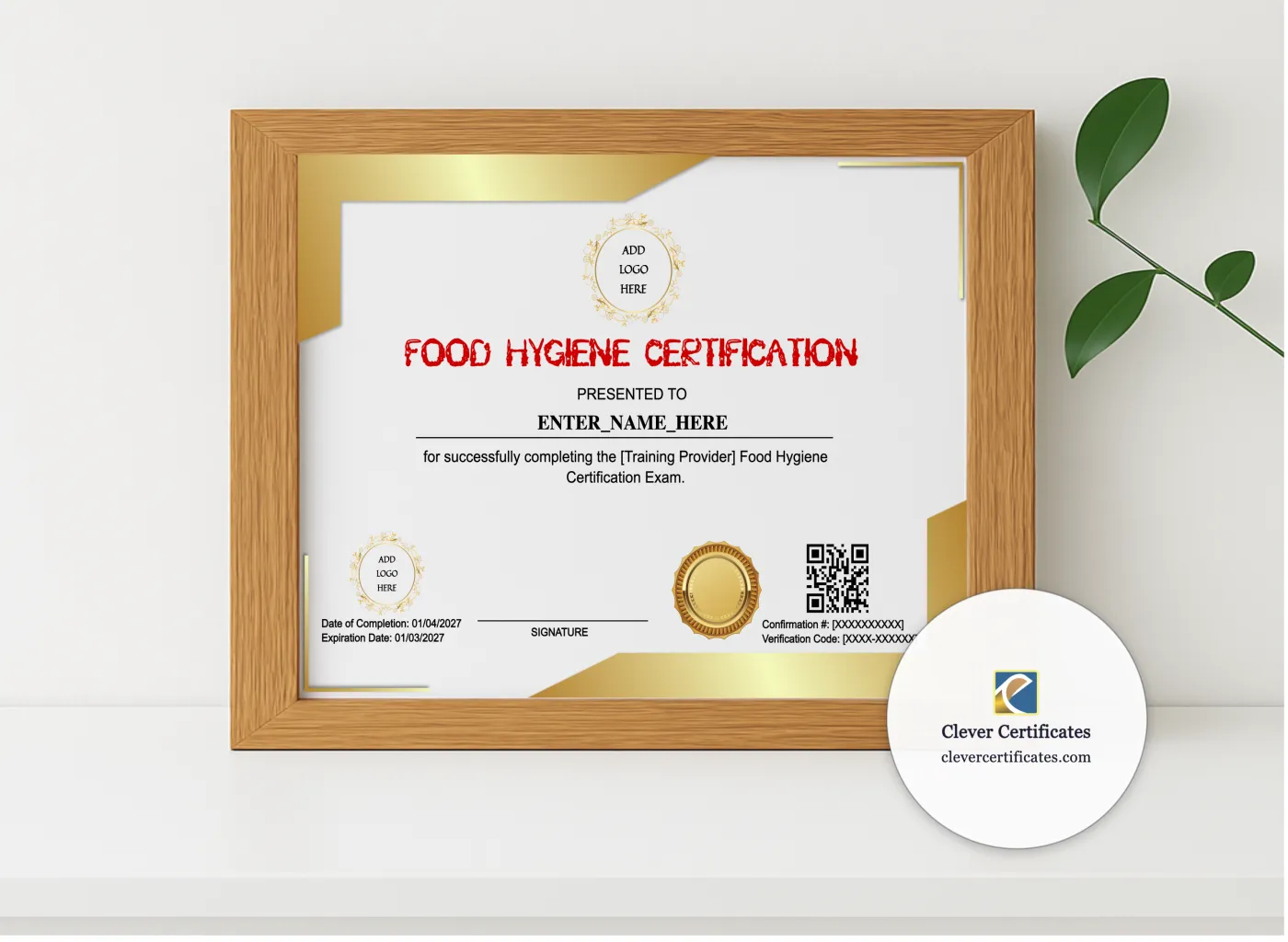 Realistic mockup featuring Food Hygiene Certificate Landscape displayed within a modern frame, set against a minimalistic background.