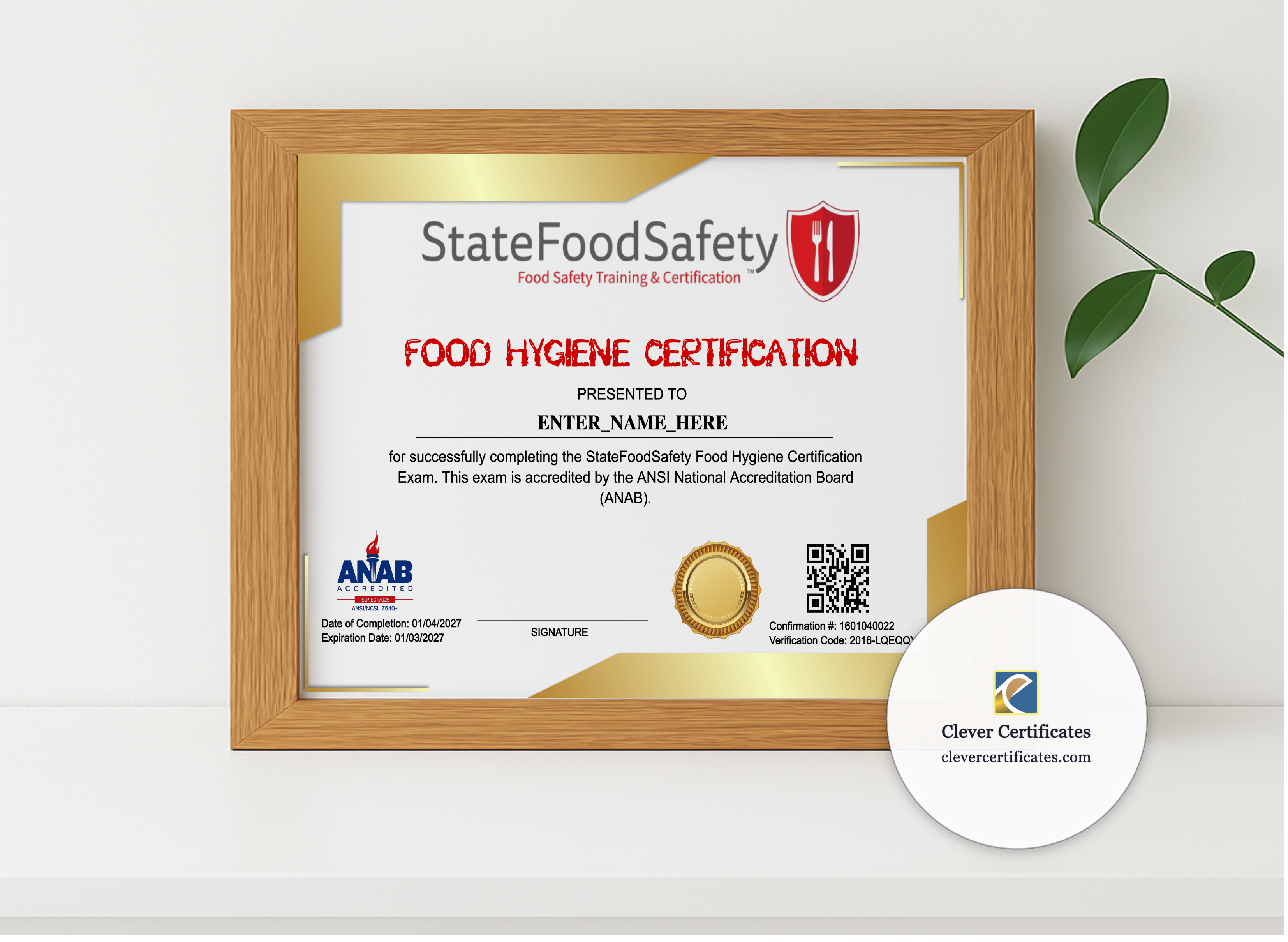 Realistic mockup featuring Food Hygiene Certificate Landscape displayed within a modern frame, set against a minimalistic background.