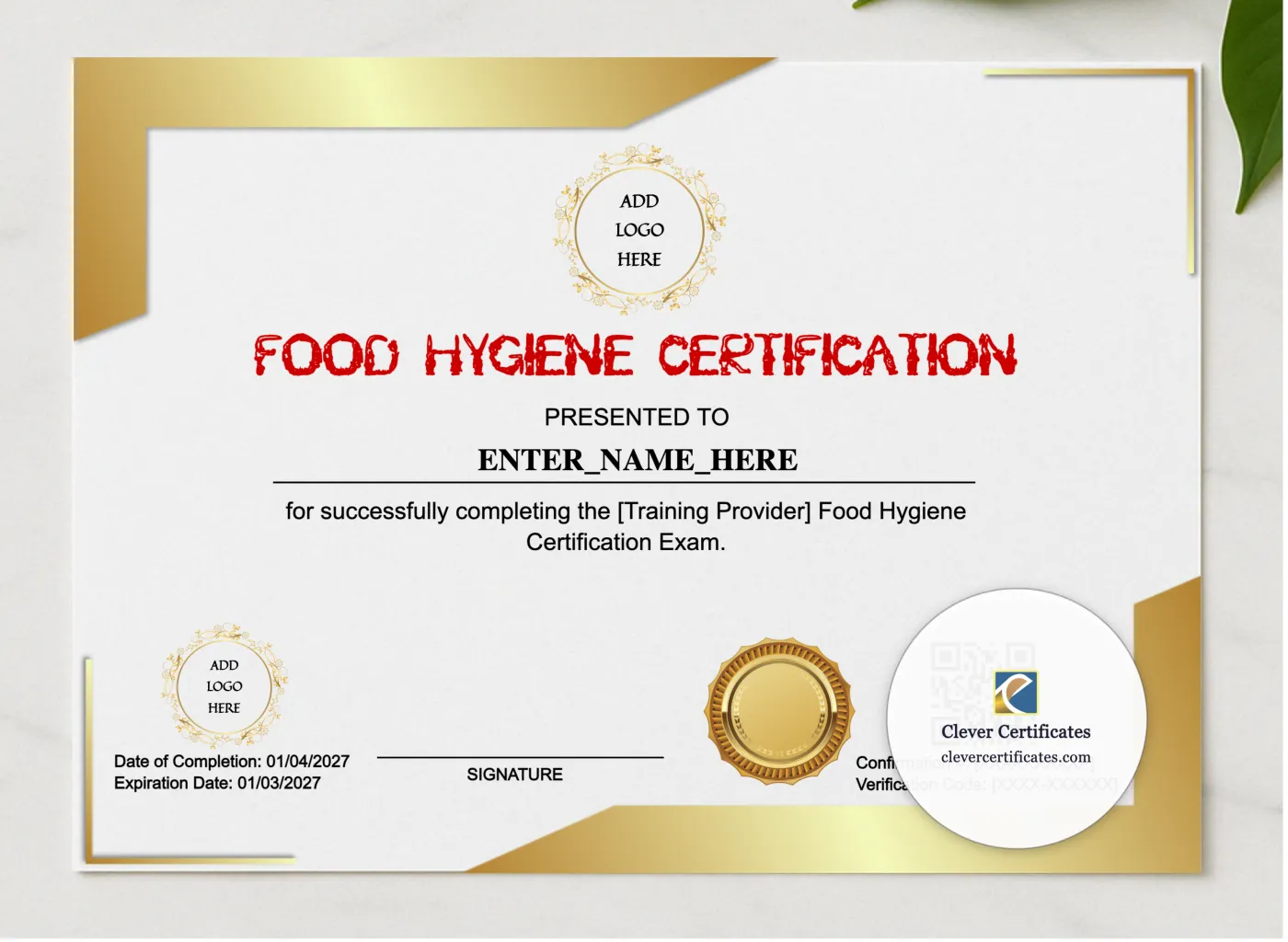 Food Hygiene Certificate Landscape presented in a sleek wooden frame, elegantly arranged on a stylish table.