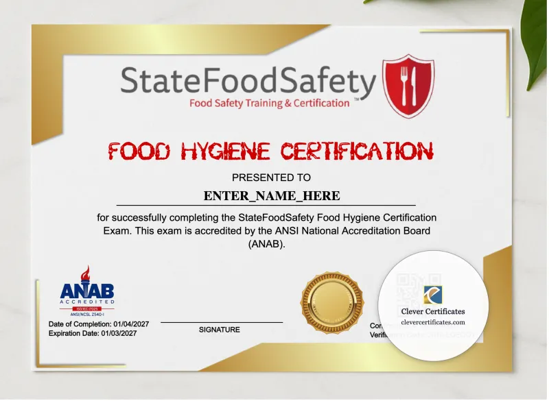 Food Hygiene Certificate Landscape presented in a sleek wooden frame, elegantly arranged on a stylish table.