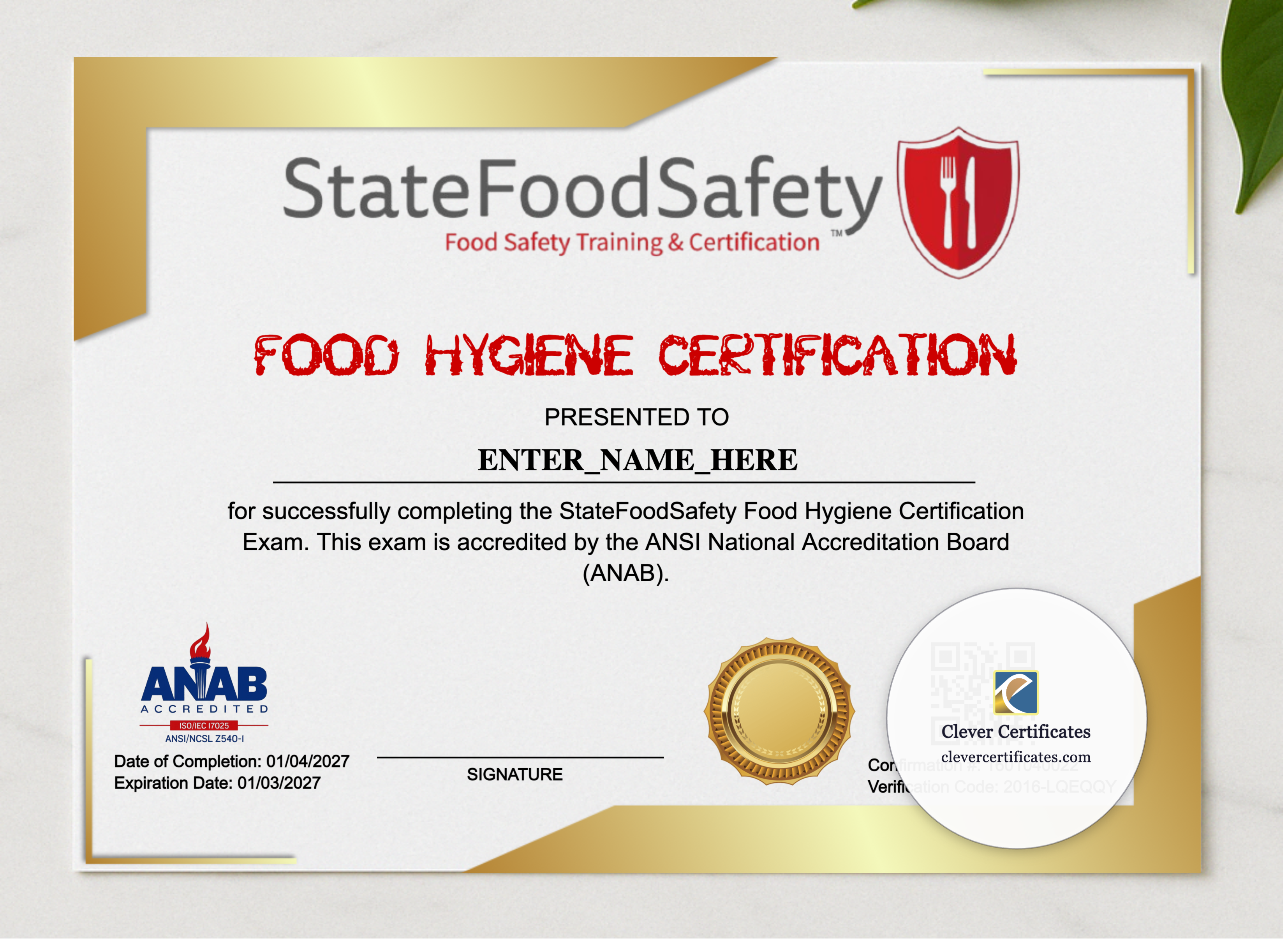 Food Hygiene Certificate Landscape presented in a sleek wooden frame, elegantly arranged on a stylish table.