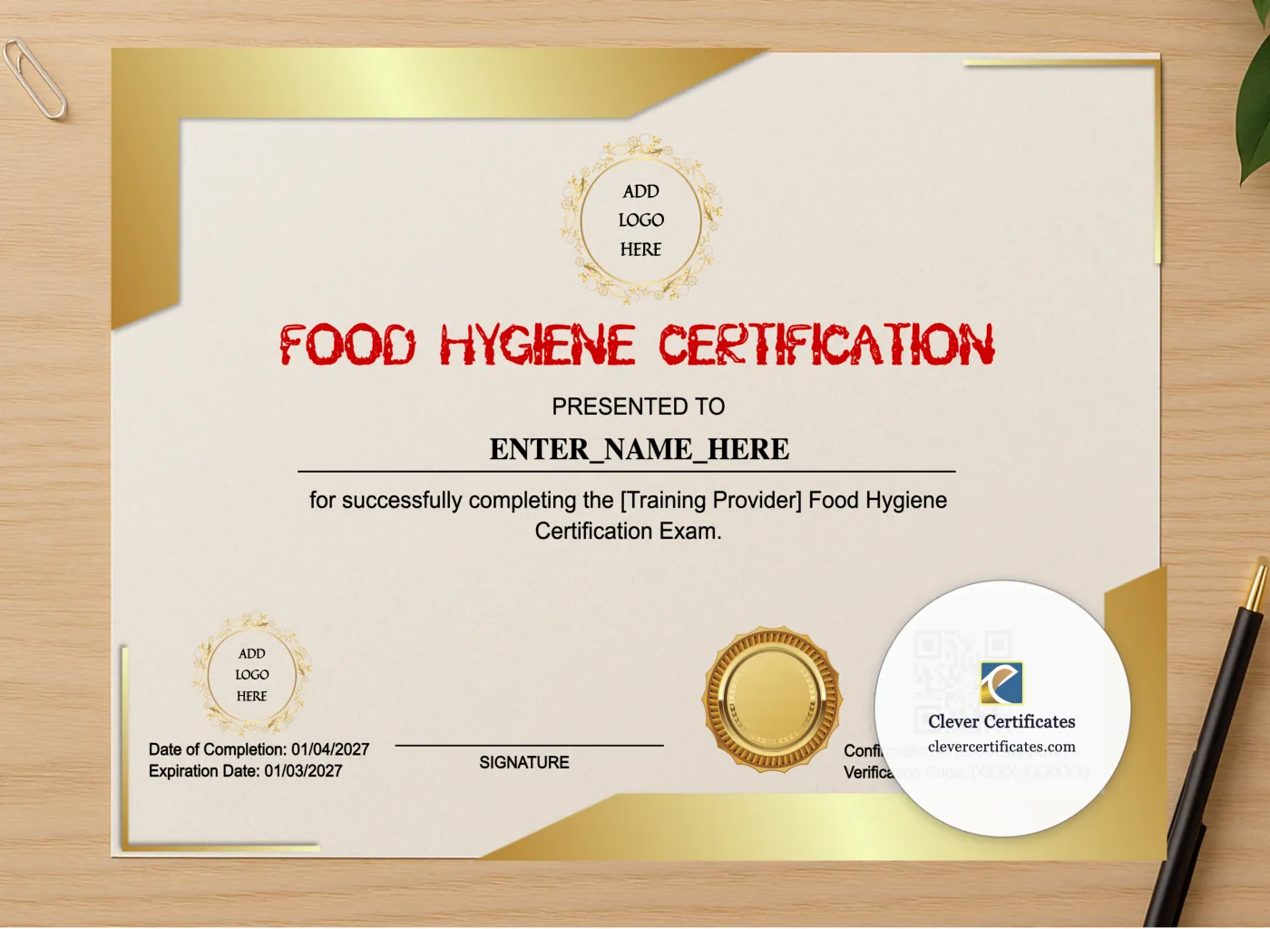 Professional preview of Food Hygiene Certificate Landscape certificate on high-quality stationery paper, ideal for showcasing the final look.