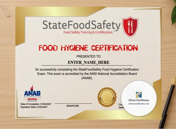 Professional preview of Food Hygiene Certificate Landscape certificate on high-quality stationery paper, ideal for showcasing the final look.