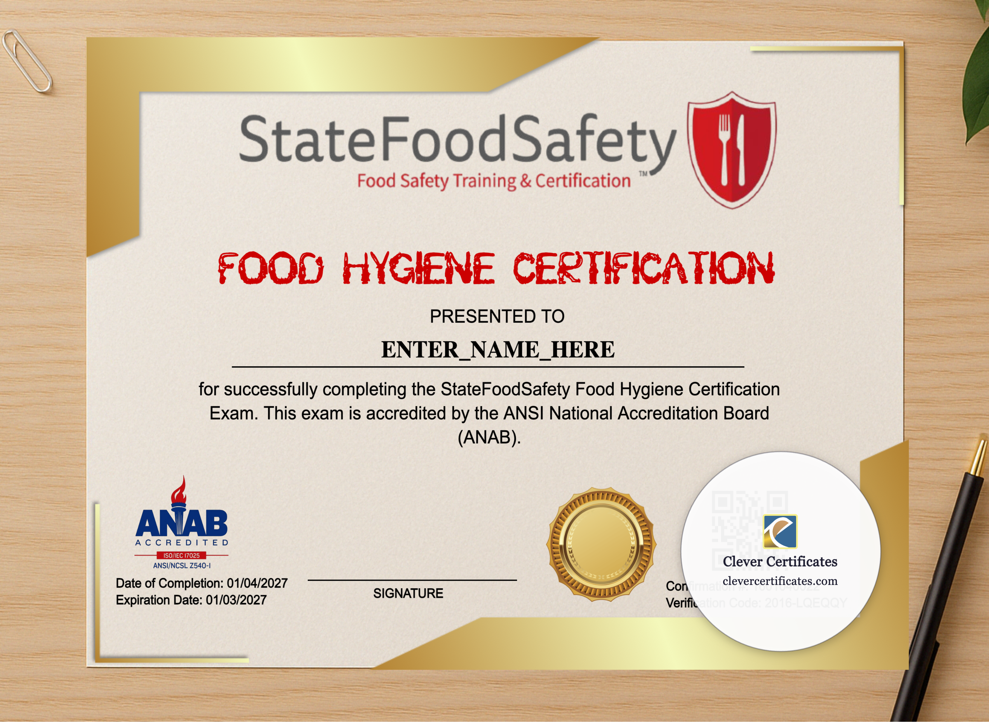 Professional preview of Food Hygiene Certificate Landscape certificate on high-quality stationery paper, ideal for showcasing the final look.