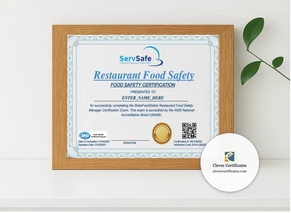 Realistic mockup featuring Restaurant Food Safety Certificate Landscape displayed within a modern frame, set against a minimalistic background.