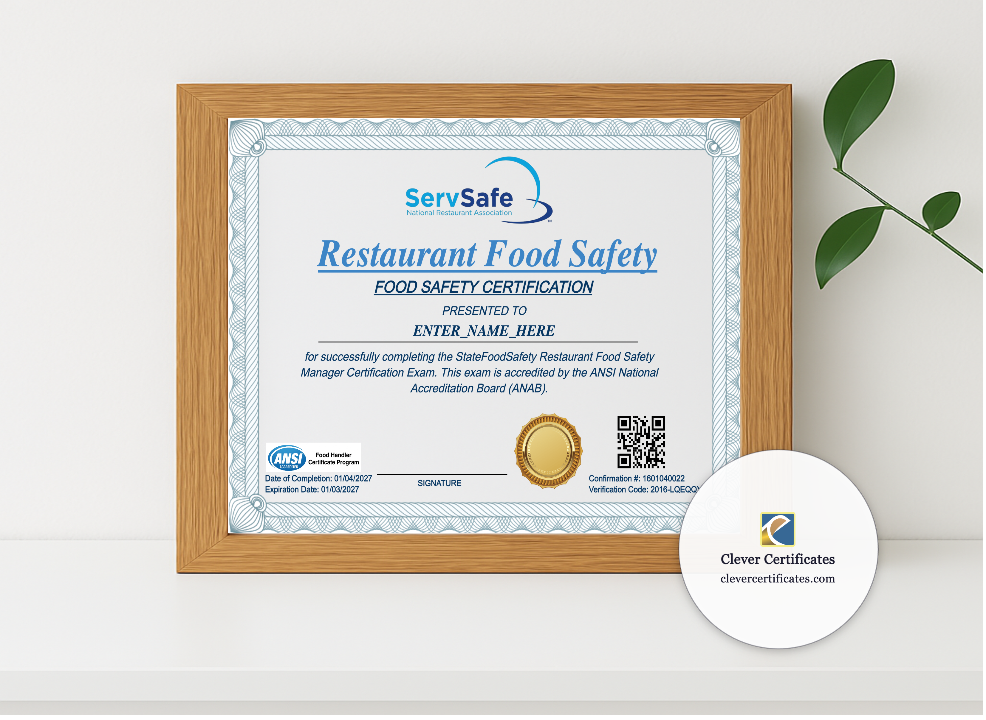 Realistic mockup featuring Restaurant Food Safety Certificate Landscape displayed within a modern frame, set against a minimalistic background.