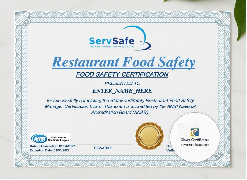 Restaurant Food Safety Certificate Landscape presented in a sleek wooden frame, elegantly arranged on a stylish table.