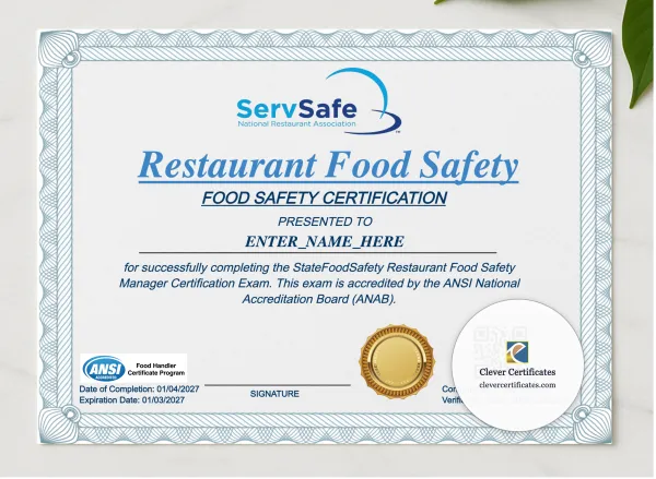 Restaurant Food Safety Certificate Landscape presented in a sleek wooden frame, elegantly arranged on a stylish table.