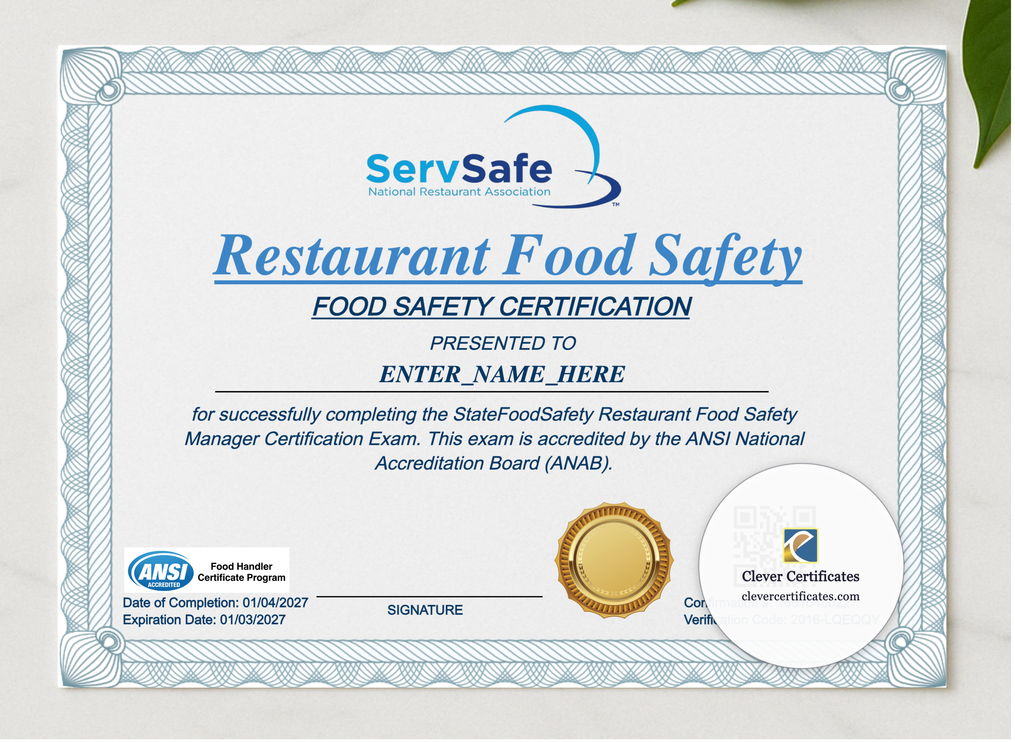 Restaurant Food Safety Certificate Landscape presented in a sleek wooden frame, elegantly arranged on a stylish table.