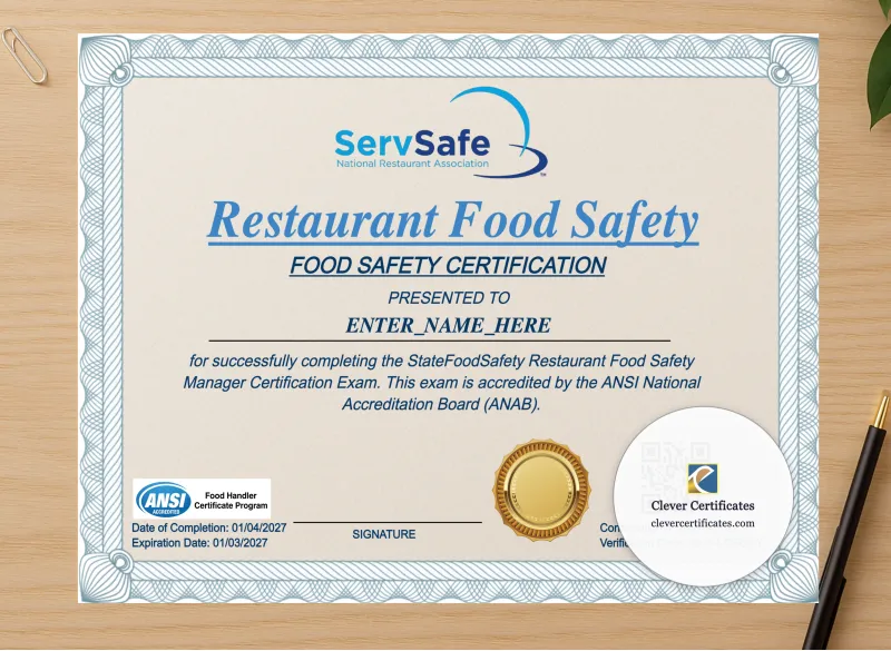 Professional preview of Restaurant Food Safety Certificate Landscape certificate on high-quality stationery paper, ideal for showcasing the final look.
