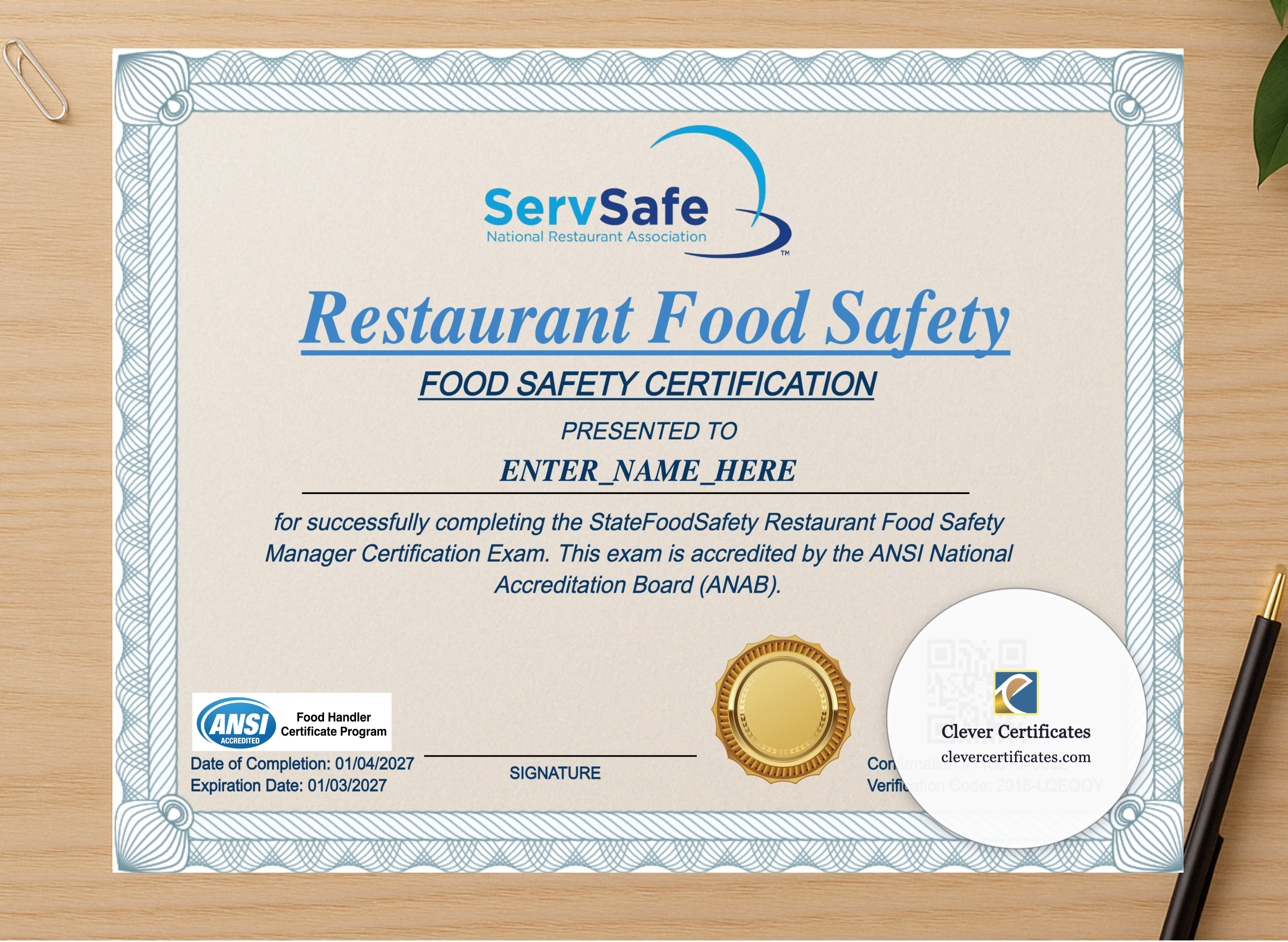 Professional preview of Restaurant Food Safety Certificate Landscape certificate on high-quality stationery paper, ideal for showcasing the final look.