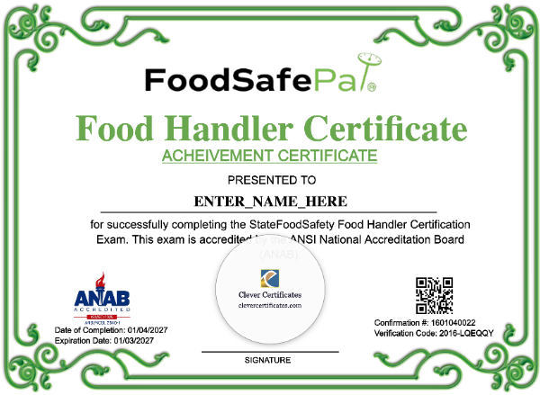 Food Handler Training Certificate Landscape