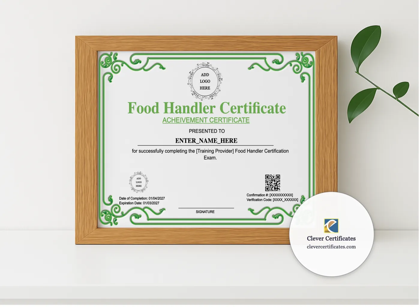 Realistic mockup featuring Food Handler Training Certificate Landscape displayed within a modern frame, set against a minimalistic background.