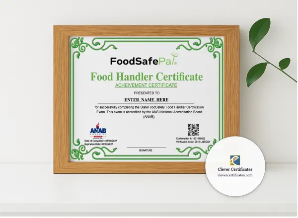 Realistic mockup featuring Food Handler Training Certificate Landscape displayed within a modern frame, set against a minimalistic background.