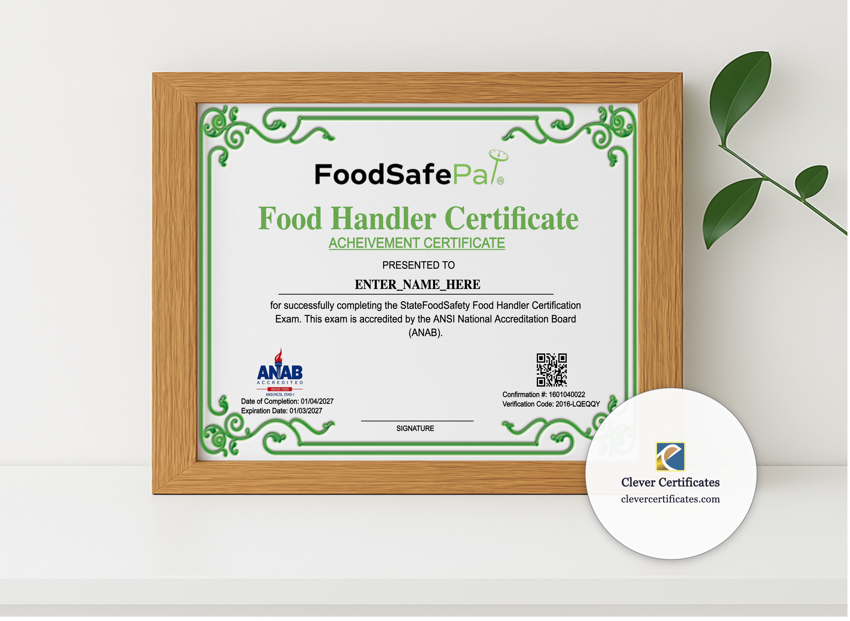 Realistic mockup featuring Food Handler Training Certificate Landscape displayed within a modern frame, set against a minimalistic background.