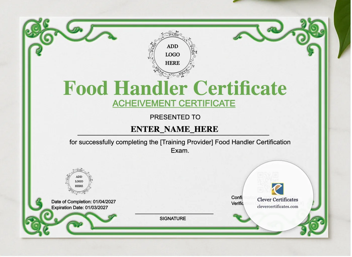 Food Handler Training Certificate Landscape presented in a sleek wooden frame, elegantly arranged on a stylish table.