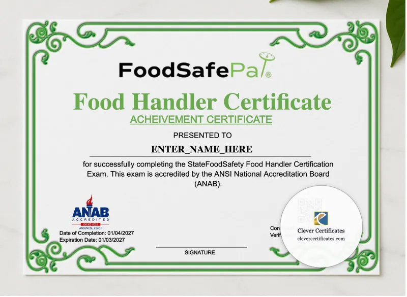 Food Handler Training Certificate Landscape presented in a sleek wooden frame, elegantly arranged on a stylish table.
